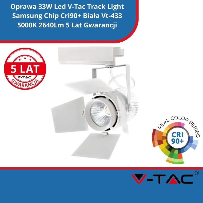 Oprawa 33W Led V-Tac Track Light Samsung Chip Cri90+ Biała Vt-433 5000K 2640Lm 5 Lat Gwarancji