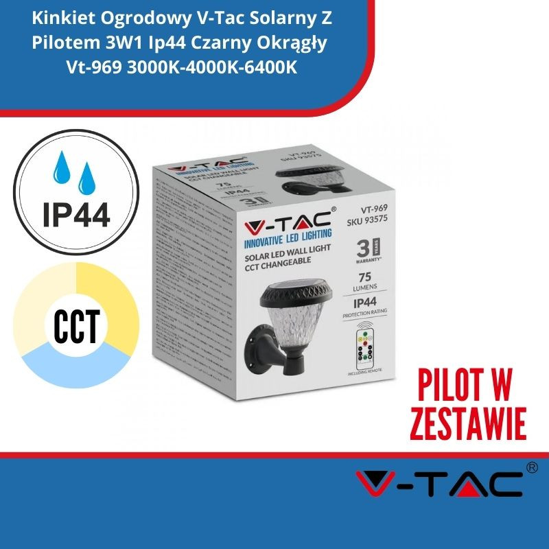 Kinkiet Ogrodowy V-Tac Solarny Z Pilotem 3W1 Ip44 Czarny Okrągły Vt-969 3000K-4000K-6400K