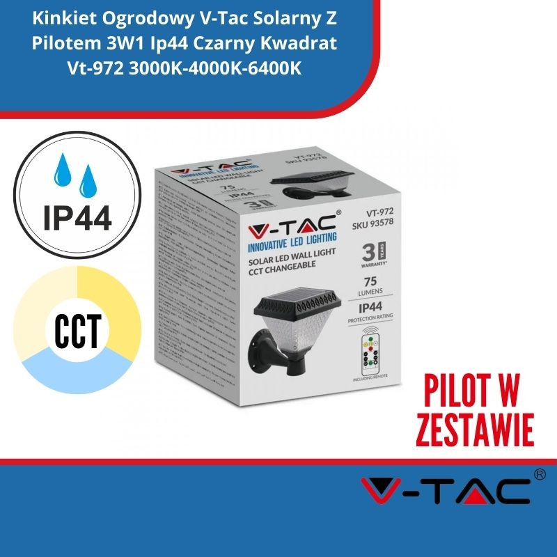 Kinkiet Ogrodowy V-Tac Solarny Z Pilotem 3W1 Ip44 Czarny Kwadrat Vt-972 3000K-4000K-6400K