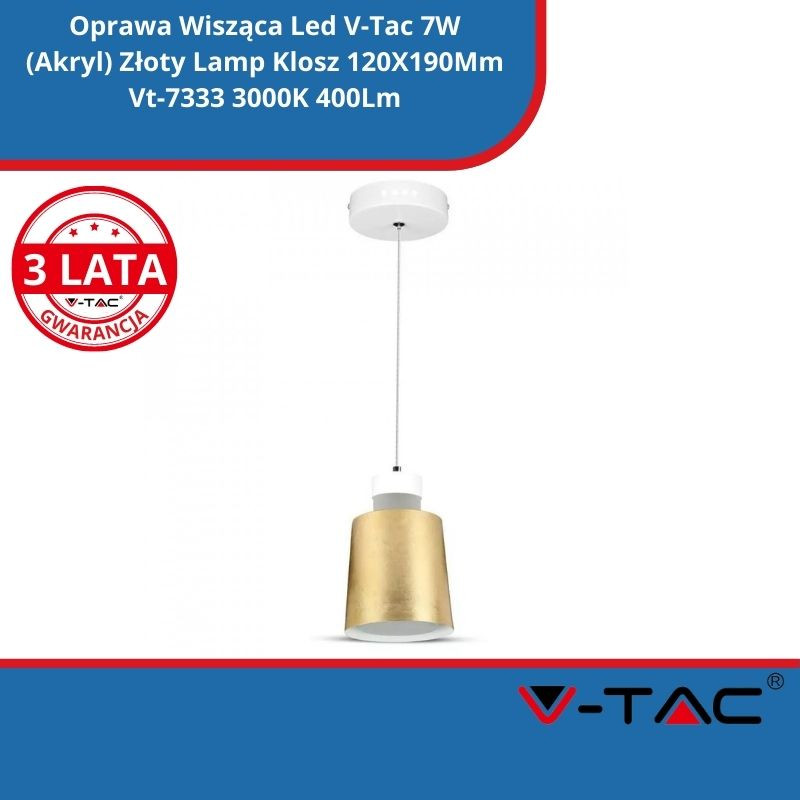 Oprawa Wisząca Led V-Tac 7W (Akryl) Złoty Lamp Klosz 120X190Mm Vt-7333 3000K 400Lm