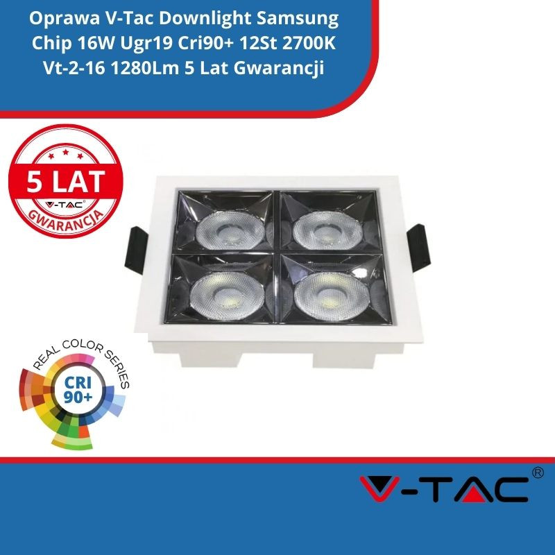 Oprawa V-Tac Downlight Samsung Chip 16W Ugr19 Cri90+ 12St 2700K Vt-2-16 1280Lm 5 Lat Gwarancji