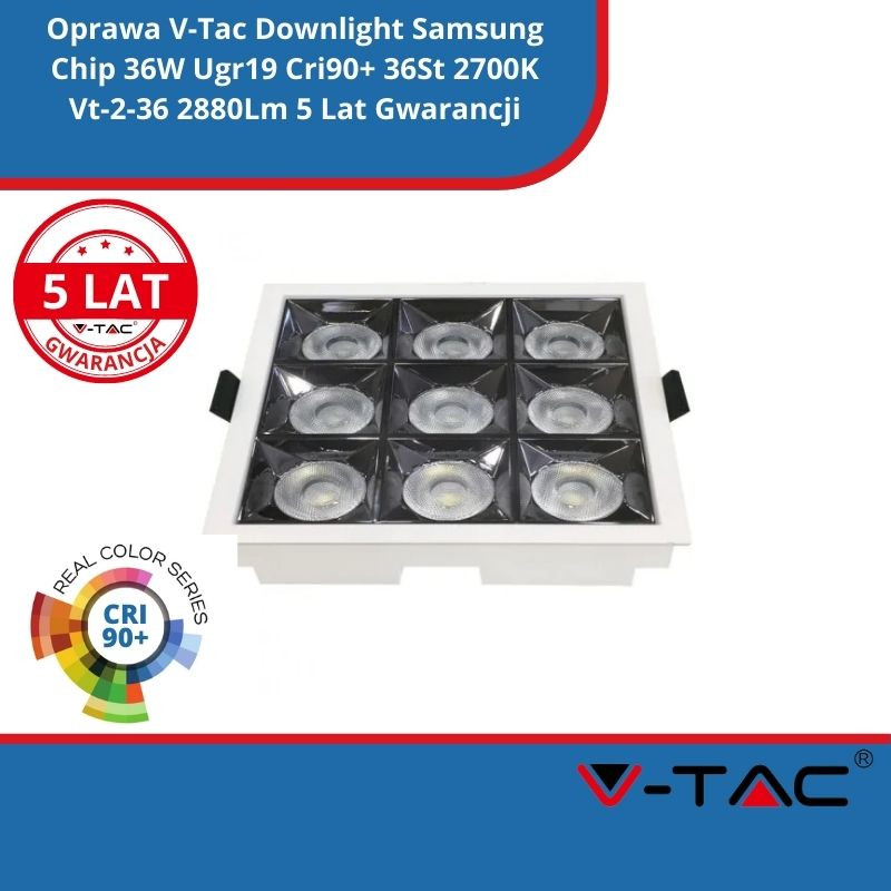 Oprawa V-Tac Downlight Samsung Chip 36W Ugr19 Cri90+ 36St 2700K Vt-2-36 2880Lm 5 Lat Gwarancji