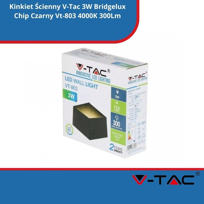 Kinkiet Ścienny V-Tac 3W Bridgelux Chip Czarny Vt-803 4000K 300Lm
