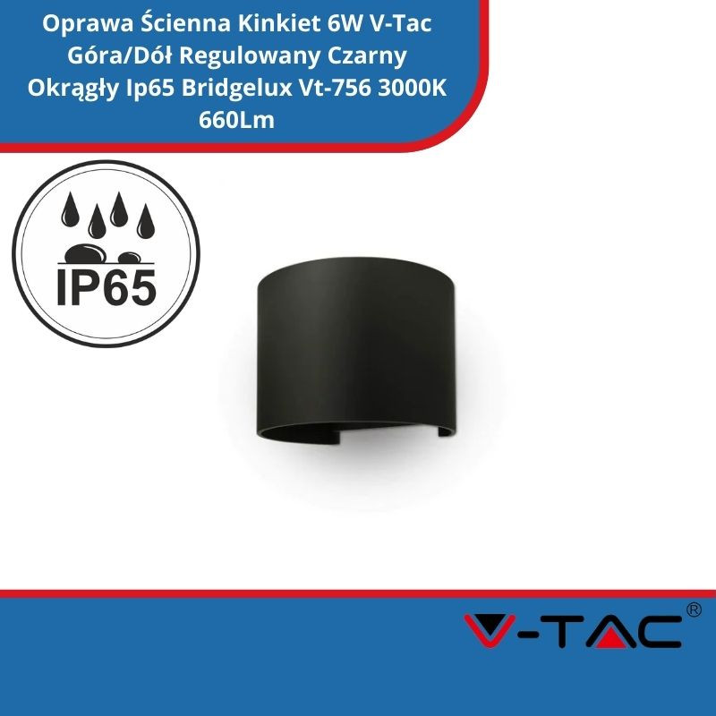 Oprawa Ścienna Kinkiet 6W V-Tac Góra/Dół Regulowany Czarny Okrągły Ip65 Bridgelux Vt-756 3000K 660Lm