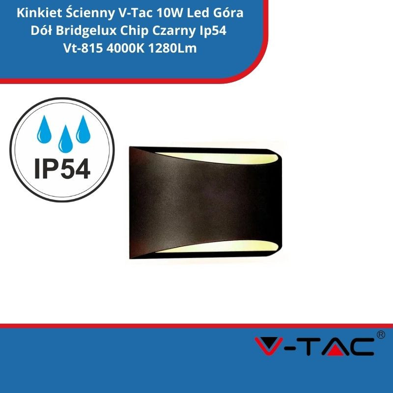 Kinkiet Ścienny V-Tac 10W Led Góra Dół Bridgelux Chip Czarny Ip54 Vt-815 4000K 1280Lm
