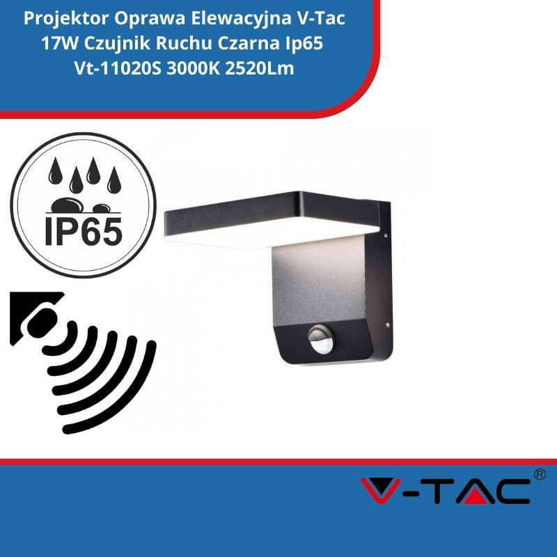 Projektor Oprawa Elewacyjna V-Tac 17W Czujnik Ruchu Czarna Ip65 Vt-11020S 3000K 2520Lm
