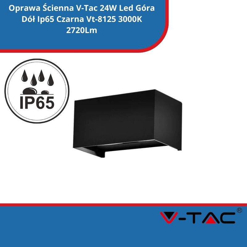 Oprawa Ścienna V-Tac 24W Led Góra Dół Ip65 Czarna Vt-8125 3000K 2720Lm
