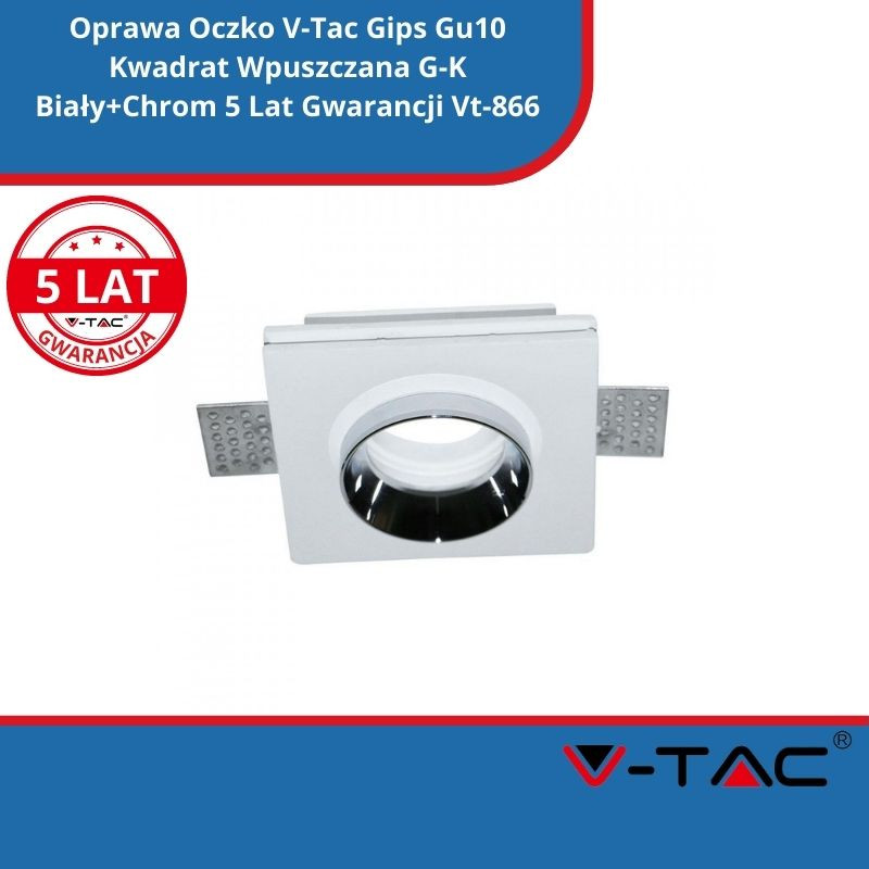 Oprawa Oczko V-Tac Gips Gu10 Kwadrat Wpuszczana G-K Biały+Chrom 5 Lat Gwarancji Vt-866