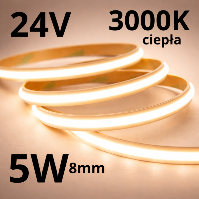 Taśma Led Cob 3000K 24V Ip20 5W - 1Metr