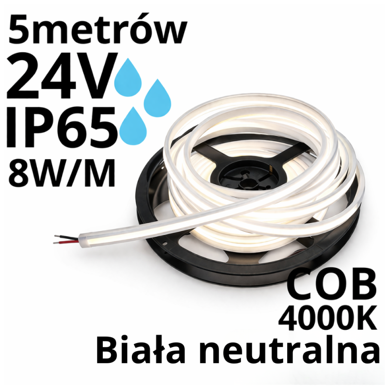 Taśma Led Wodoodporna 24V 8W Ip65 4000K Neutralna - 5M