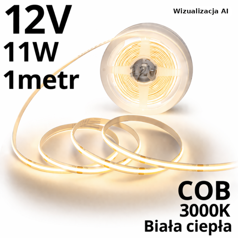 Taśma Led Ciepła 12V Cob 11W Ip20 3000K 8Mm -1Metr