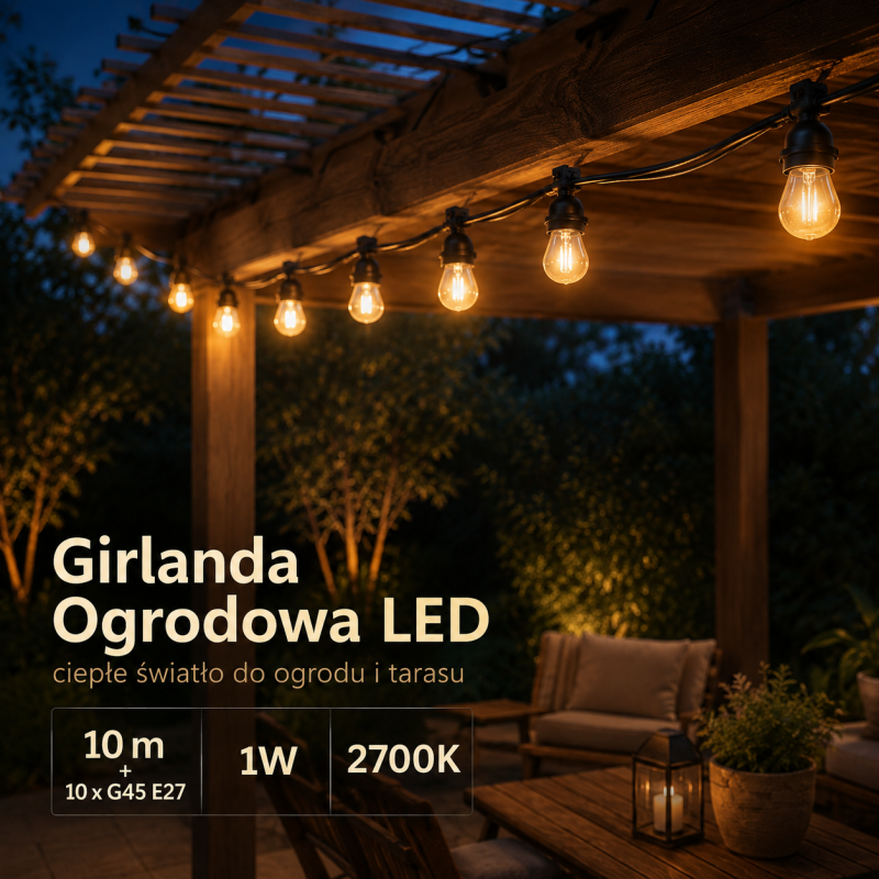 Girlanda Ogrodowa Led 10M +10 X G45 E27 1W 2700K