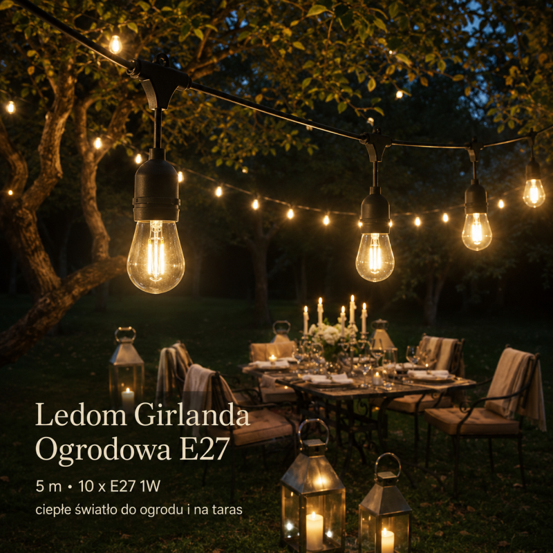 Girlanda Ogrodowa 5 metrów E27 5M + 10 X E27 1W Ledom