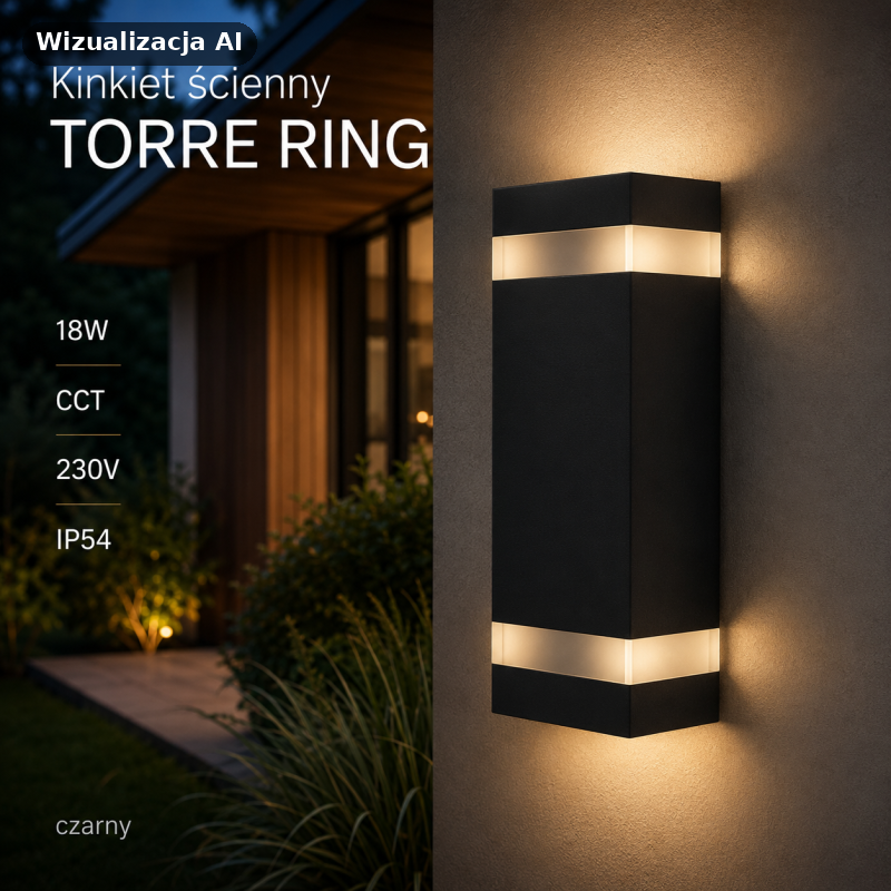 Lampa Kinkiet Ścienny Czarny Torre Ring 18W Cct 230V Ip54 Ogrodowy