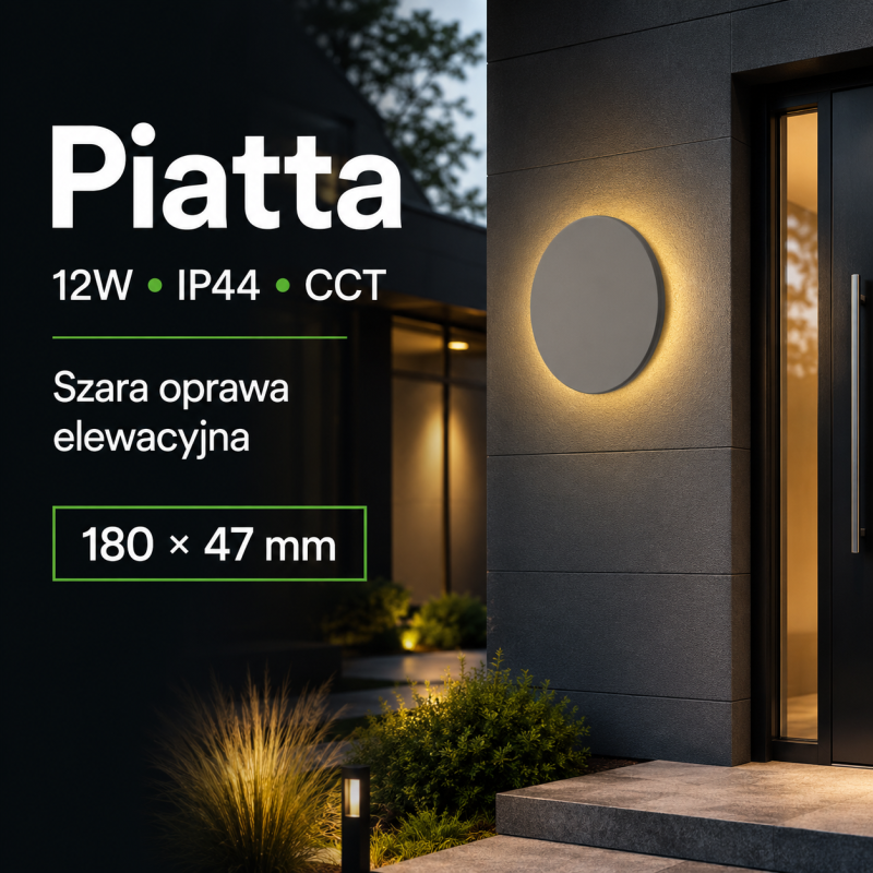 Oprawa elewacyjna szara okrągła Piatta 12W Cct 230V Ip44 180X47Mm