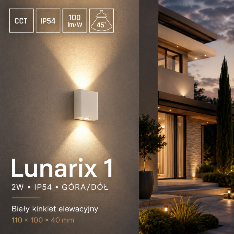 KINKIET ŚCIENNY BIAŁY ZEWNĘTRZNY Lunarix 2W Cct 230V Ip54 Ra90 110X100X40Mm Góra/Dół