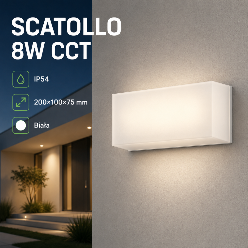 Nowoczesna oprawa na elewację biała Scatollo 8W Cct 230V Ip54 200X100X75Mm