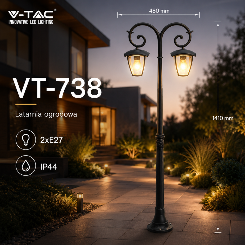 Latarnia Ogrodowa stojąca 1.410mm V-Tac 2Xe27 Ip44 Czarny Vt-738