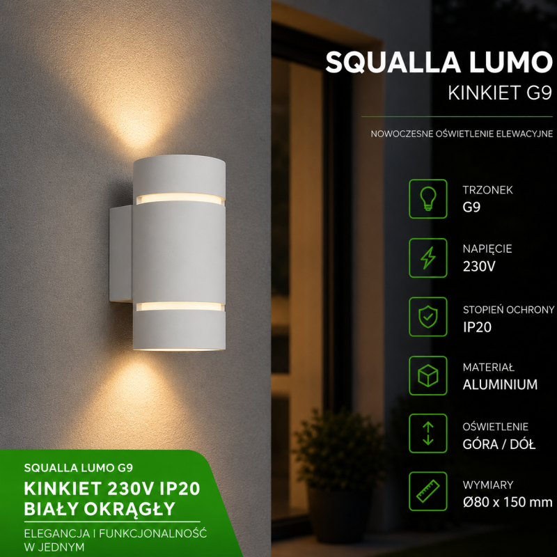 BIAŁA OKRĄGŁA OPRAWA NA ELEWACJE SQUALLA LUMO G9 KINKIET 230V IP20 80x150
