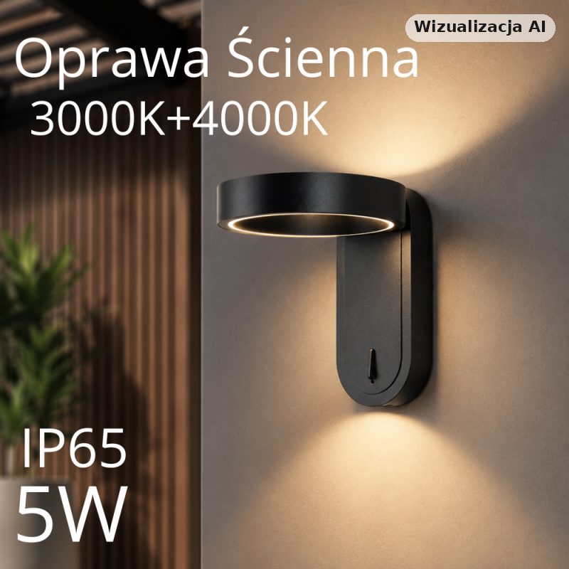 Oprawa Ścienna V-Tac 5W Kinkiet Czarny Ip65 Vt-1180 3000K+4000K 600Lm