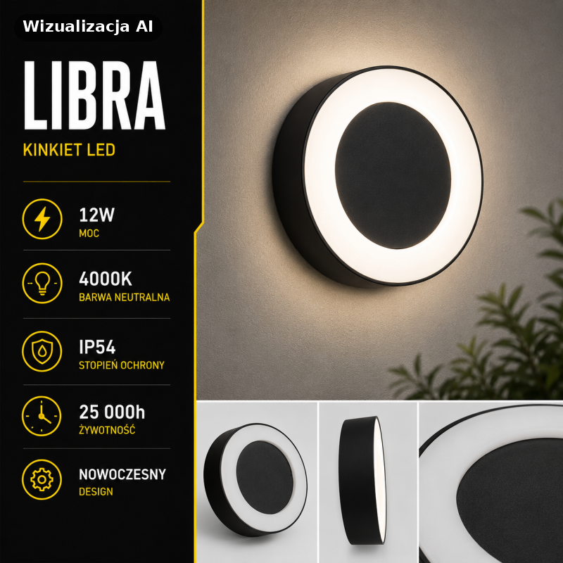 Lampa elewacyjna nowoczesna czarna Libra 12W Led Czarny Ip54