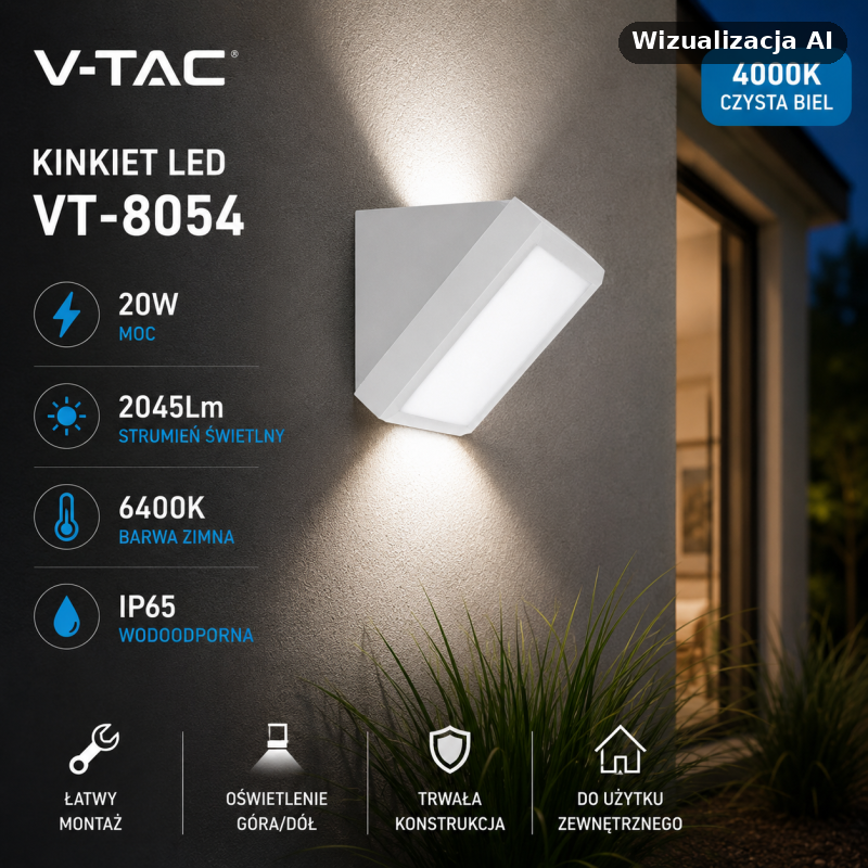 Oprawa Ścienna V-Tac 20W Led Ukośna Biała Ip65 Vt-8054 6400K 2045Lm
