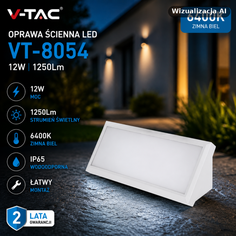 Oprawa Ścienna V-Tac 12W Led Ukośna Biała Ip65 Vt-8054 6400K 1250Lm