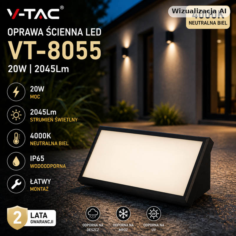 Oprawa Ścienna V-Tac 20W Led Ukośna Czarna Ip65 Vt-8055 4000K 2045Lm
