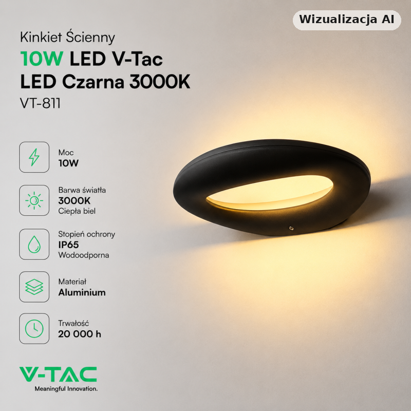 Kinkiet Ścienny Led nowoczesny Czarny 10W 3000K Vt-811 SKU 8309