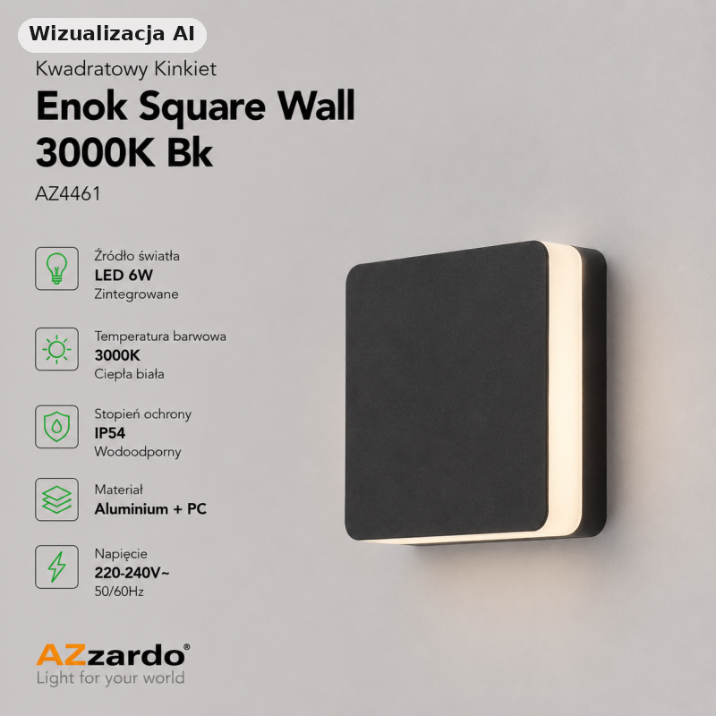 Kwadratowy Kinkiet Enok Square Wall 3000K Bk Az4461