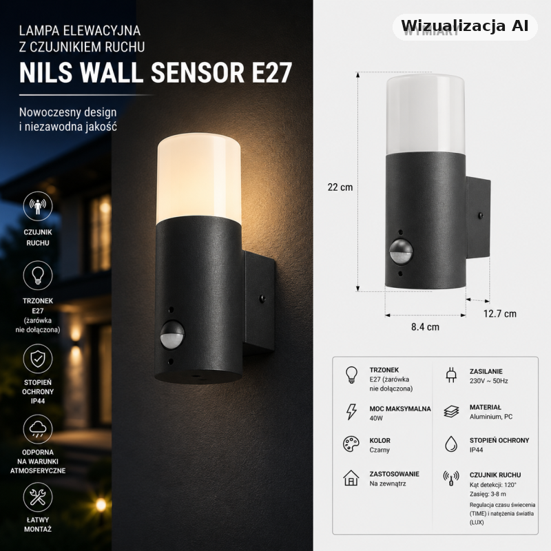 Lampa Elewacyjna Z Czujnikiem Ruchu Nils Wall Sensor E27 AZ4479