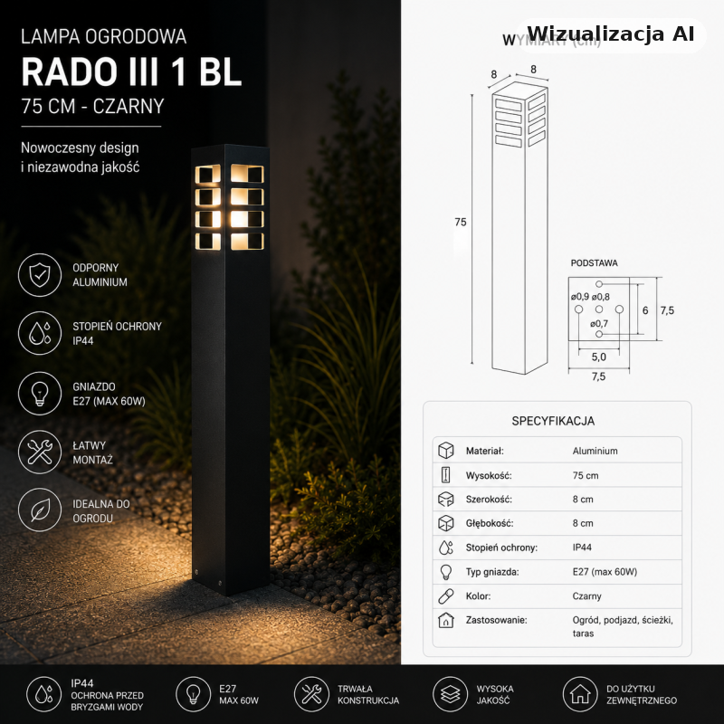 Lampa Ogrodowa Czarny Rado Iii 1 Bl 75 Cm