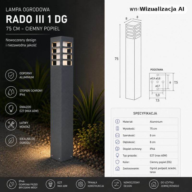 Lampa Ogrodowa Ciemny Popiel Rado Iii 1 Dg 75 Cm