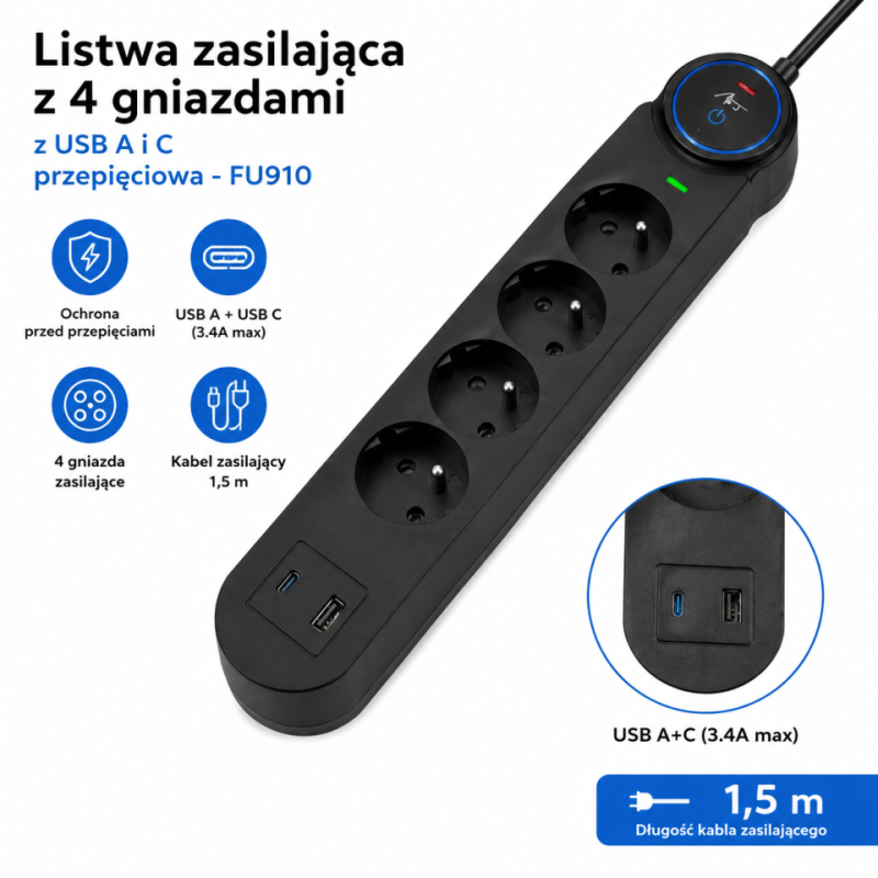 Listwa Zasilająca Z 4 Gniazdami Z Usb A I C Przepięciowa - Fu910