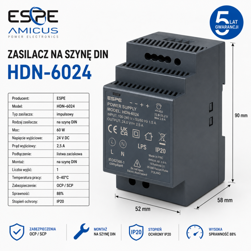 Zasilacz na szynę Din 24V 60W 2,5A ESPE Hdn-6024