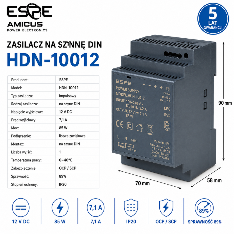Zasilacz na szynę DIN 12V 85W 7,1A ESPE HDN-10012